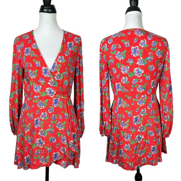 Zara | Red Floral Print Long Sleeve V-neck Crossover Mini Romper Dress - Picture 3 of 13